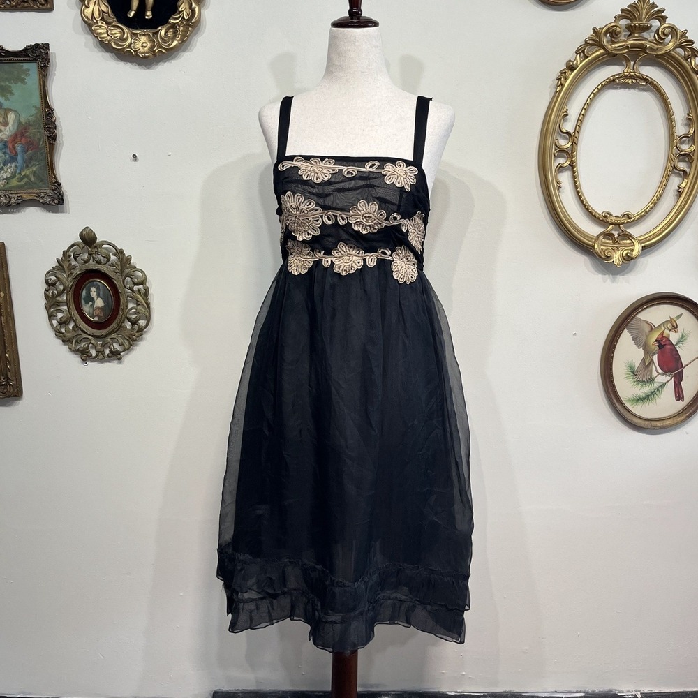 Zehavale Black Sheer Empire Waist Mini Dress Floral Lace Applique Ruffle Size 0